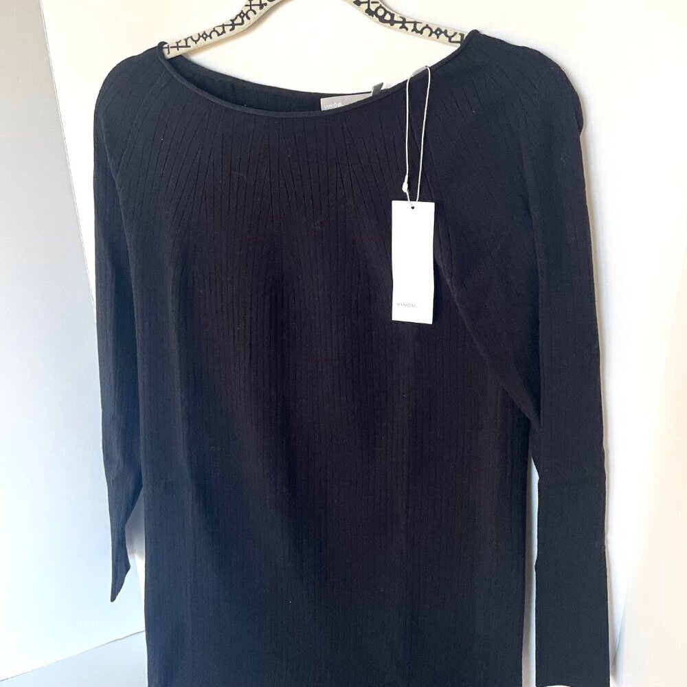 Vince Black Merino Wool Rib Knit Dress Small Scoop Neck Long Sleeve - Picture 3 of 9